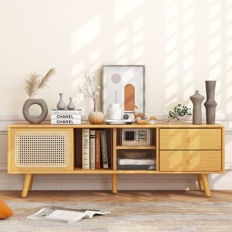 Wood Rattan Glass TV Stand with Drawers and Adjustable Shelves - 55" x 12" x 18"