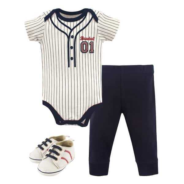 slide 1 of 1, Little Treasure Baby Boy Cotton Bodysuit, Pant and Shoe 3pc Set, Baseball 0-3 Months - Baseball Short-Sleeve