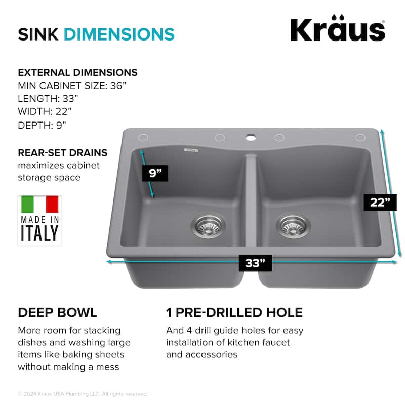 KRAUS Forteza Granite 33 inch 50/50 Undermount Drop-in Kitchen Sink