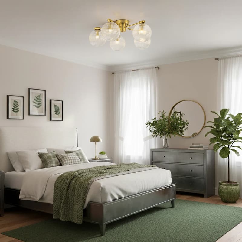 22 in. 5-Light Modern Brass Clear Ribbed Glass Globe Semi-Flush Mount Ceiling Light - 22.05 in. diameter x 8.66 in. height