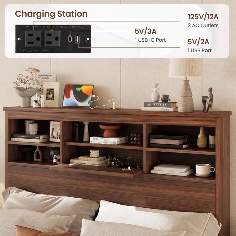4-Piece Queen Bedroom Set - Storage Headboard with Charging, 2 Nightstands & 5-Drawer Dresser