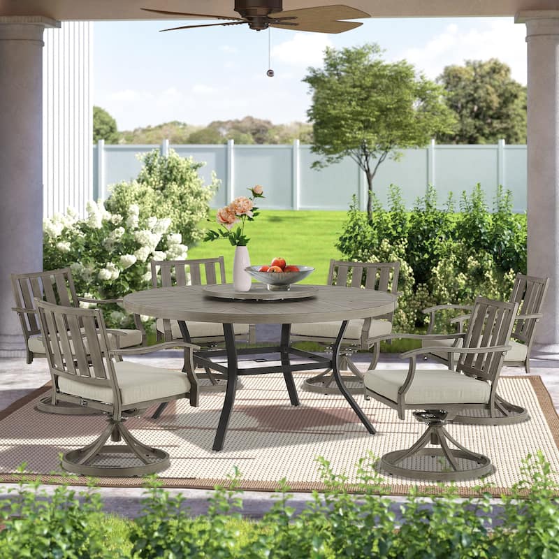 Patio Aluminum Round 59.5" Dining Table Set With Removable Lazy Susan - Ivory