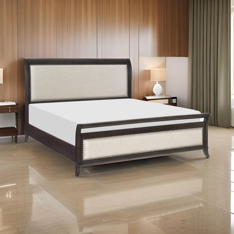 Bron Queen Bed with Sleigh Headboard Design, Beige Upholstery, Solid Wood