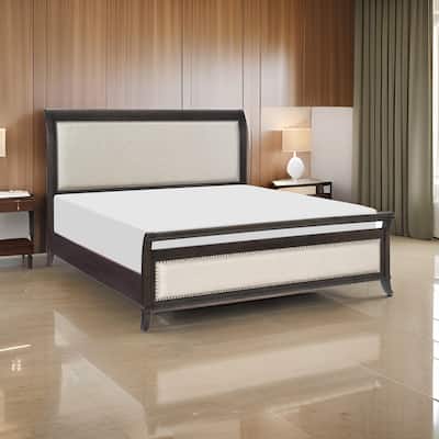 Bron Queen Bed with Sleigh Headboard Design, Beige Upholstery, Solid Wood