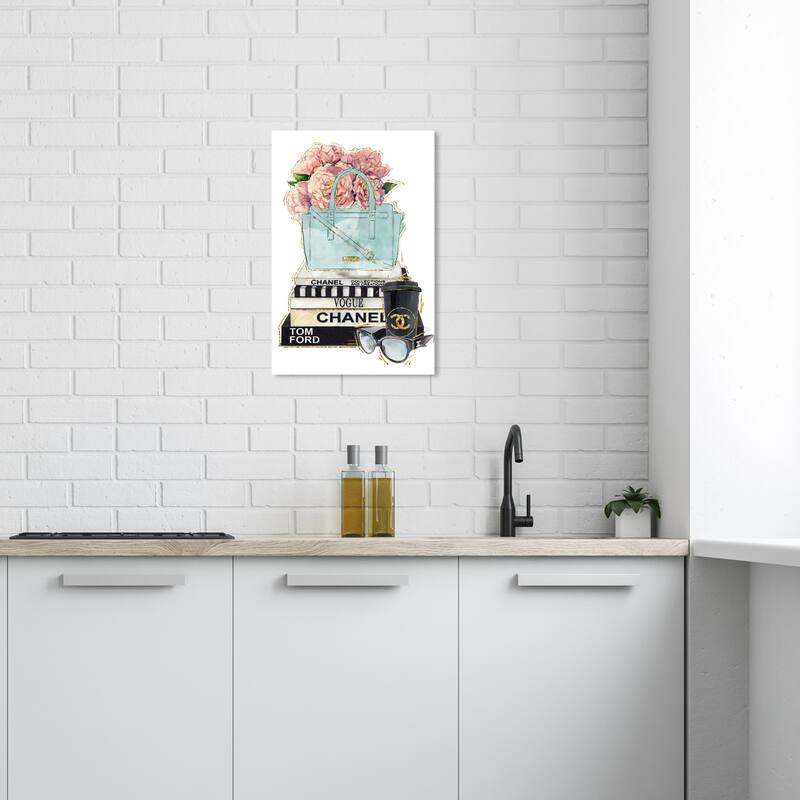 Wynwood Studio Fashion and Glam Blush Flowers Blue Purse and Books Light Pink Modern & Contemporary Wall Art Canvas Print - 24 x 16