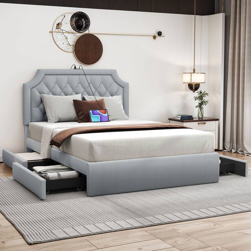 Moasis Velvet/Linen Upholstered Bedframe with Adjustable Headboard and 4 Storage Drawers