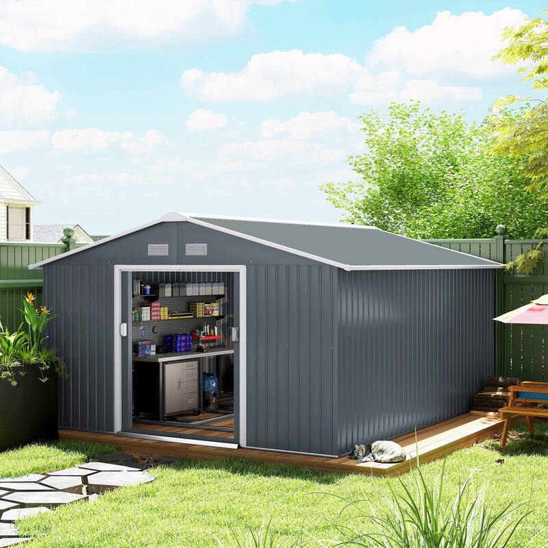 Outsunny 11' x 9' Dark Grey Metal Garden Shed - 11' x 13' - Black