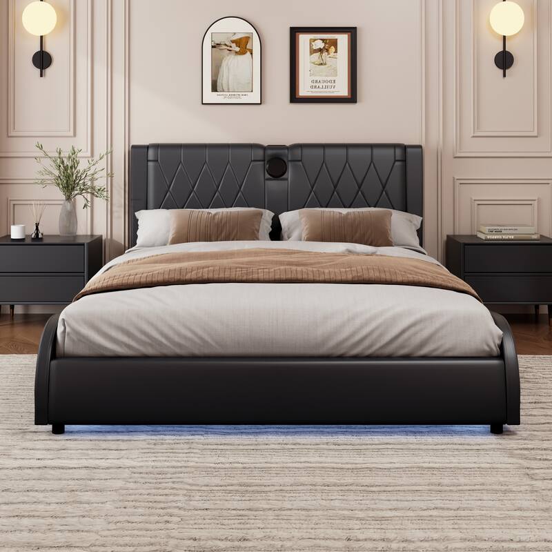 Faux Leather Upholstered Frame Platform Bed with Thickened Headboard Built-in Bluetooth Speakers, RGB LED Light Bed Frame - Black - Full