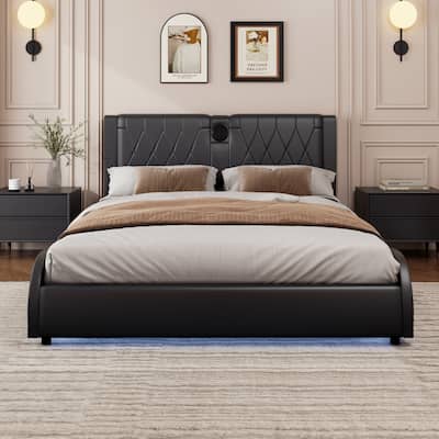 Luxurious Faux Leather Upholstered Platform Bed with Thickened Headboard, Bluetooth Speakers & RGB Lights, No Box Spring Needed