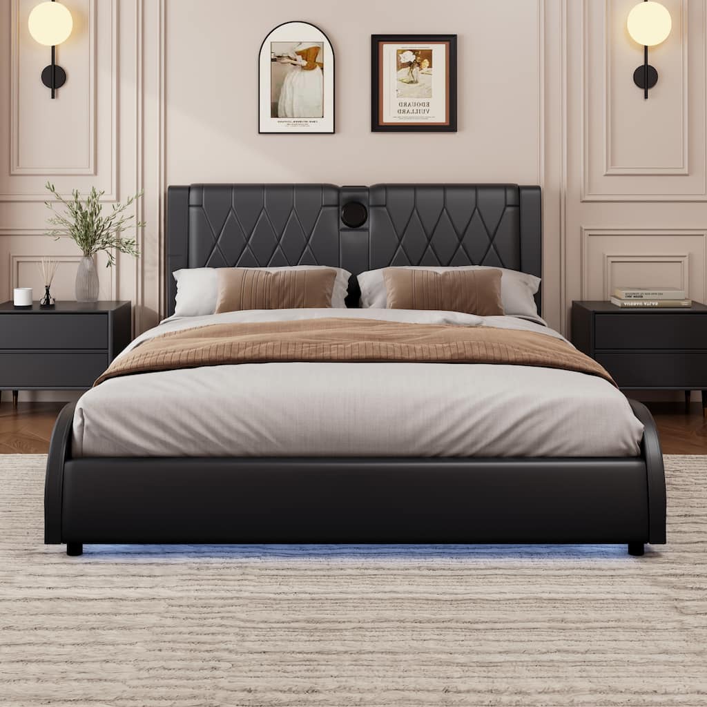 Luxurious Faux Leather Upholstered Platform Bed with Thickened Headboard, Bluetooth Speakers & RGB Lights, No Box Spring Needed
