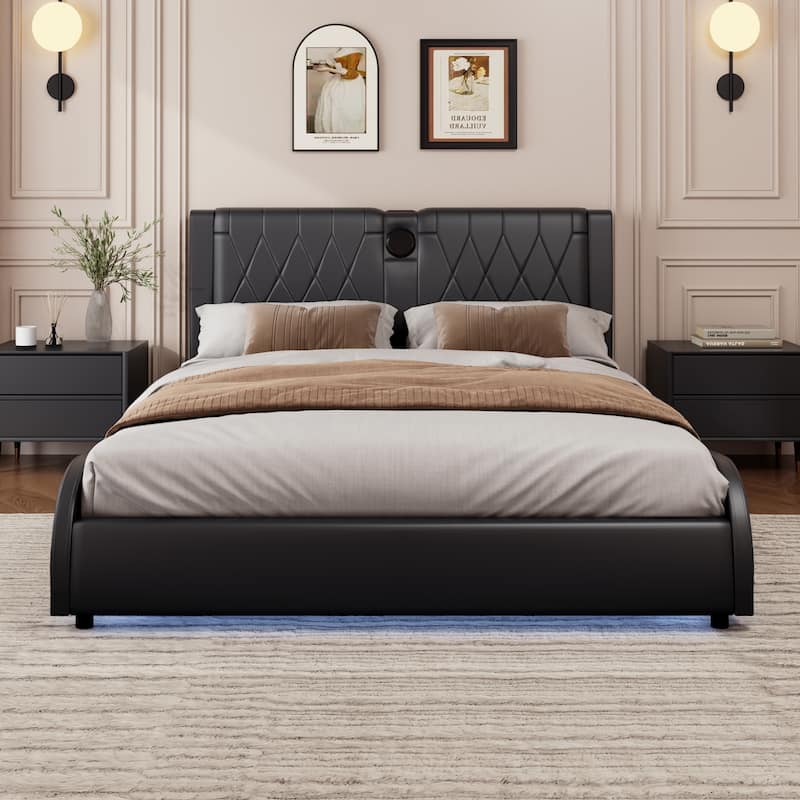 Queen Size Luxurious Faux Leather Upholstered Platform Bed with Thickened Headboard, Bluetooth Speakers and RGB LED Light - Black