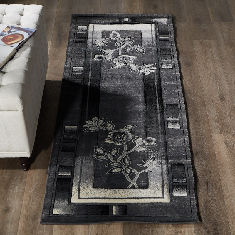 Rhodes Collection Anthracite/Light Grey Floral Area Rug