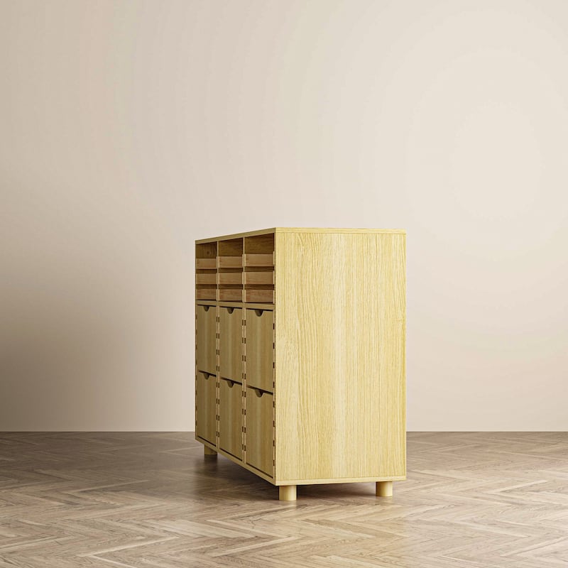 Buffet Sideboard 6-Drawer Wood Storage Cabinet with Adjustable Shelves, Solid Slat Panels