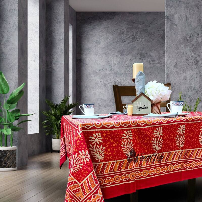 Dabu Floral Hand Block Print Cotton Tablecloth Rectangle Collection