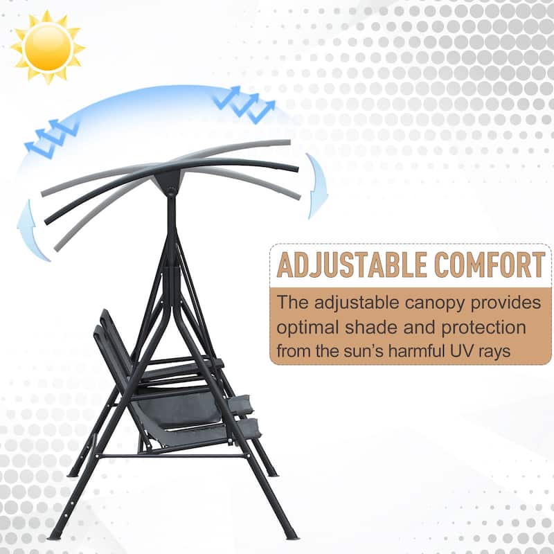 Outsunny 2 Person Covered Porch Swing with Pivot Storage Table, Cup Holder, & Adjustable Overhead Canopy, Grey