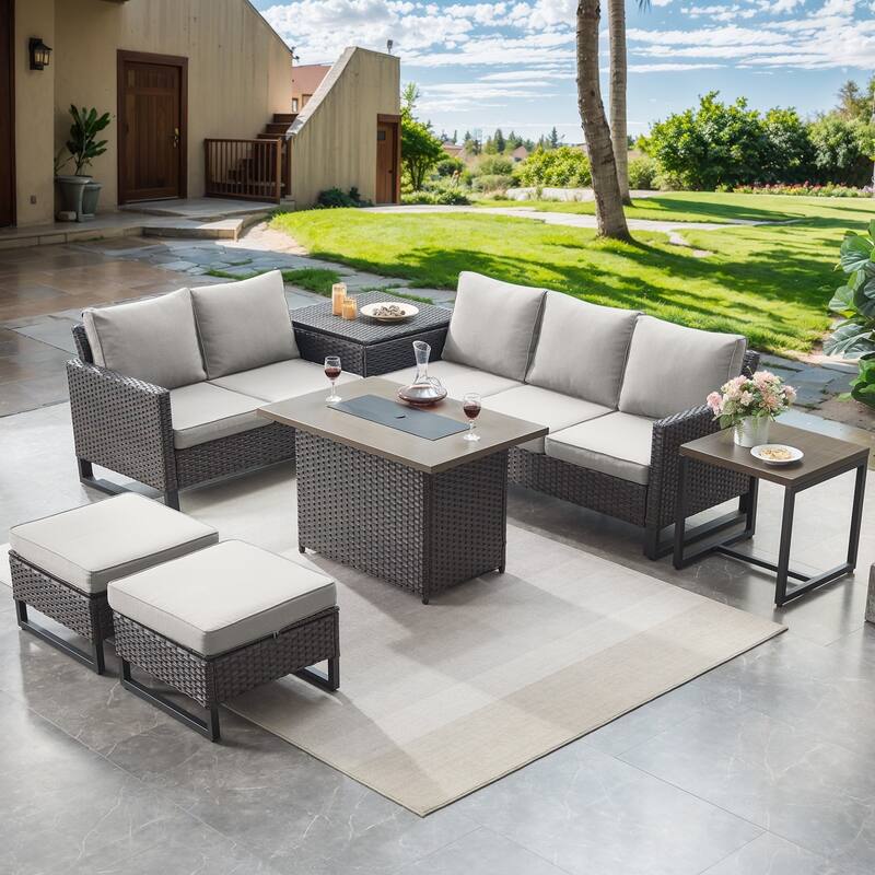 Patio Sofa Ottoman Set with Fire Pit Table - Beige - Brown