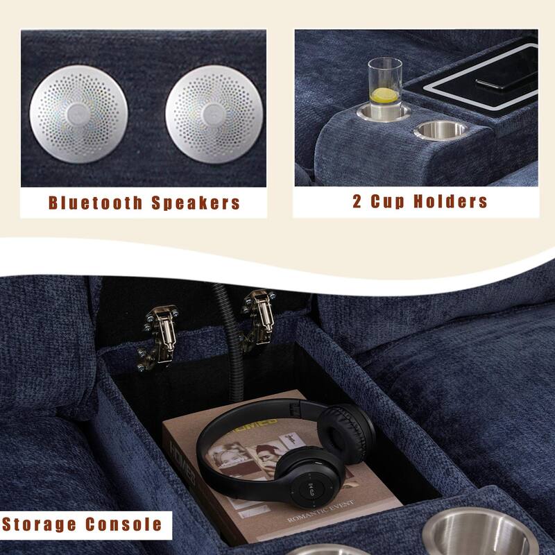 Modular Sectional Sofa, U Shaped Couch with 2 Ottomans, Storage Console & Wireless Charging, 2 Cup Holders, Bluetooth Speakers