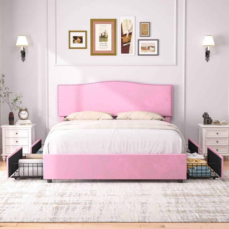 VECELO Upholstered Bed Frame with 4 Storage Drawers Full Queen Heavy Duty Platform with Adjustable Linen Headboard - Pink - Queen