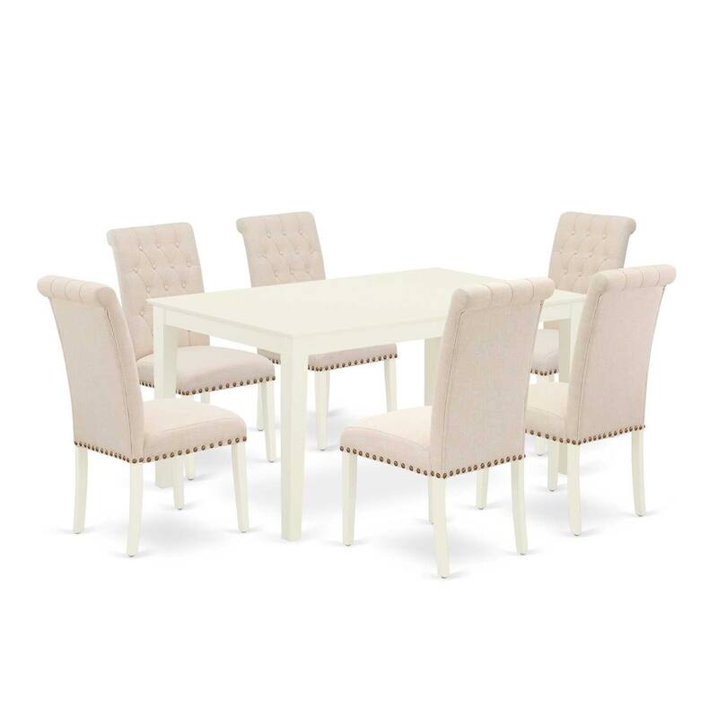 7Pc Dinette Set - Rectangular Kitchen Table & 6 Parson Chairs - Light Beige Fabric, Linen White Finish - 60