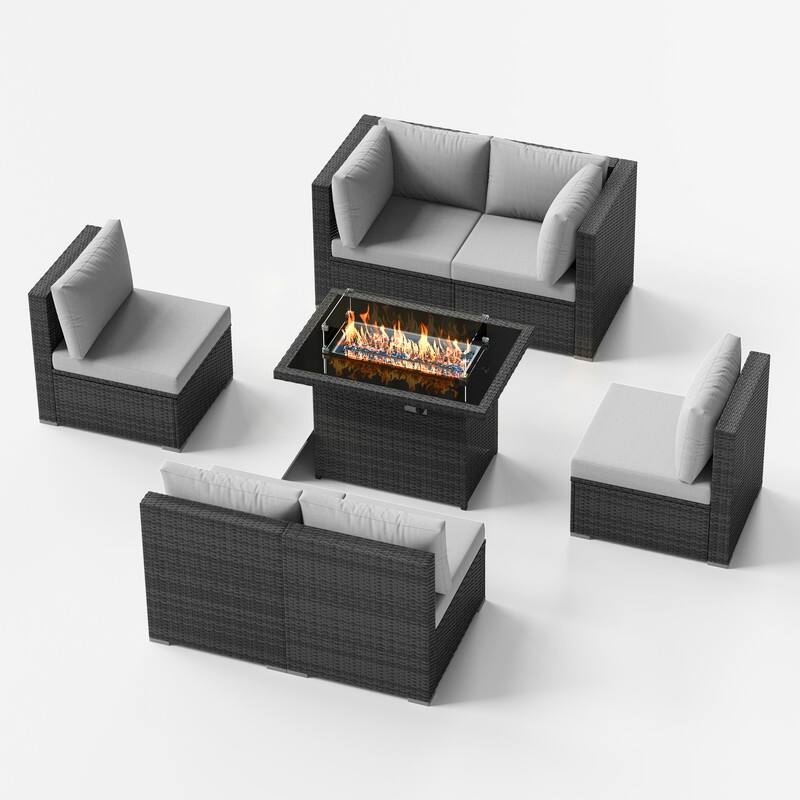 7 Piece Outdoor Sectional Modular Wicker Patio Conversation Set with 43'' Fire Pit Table and Cushion
