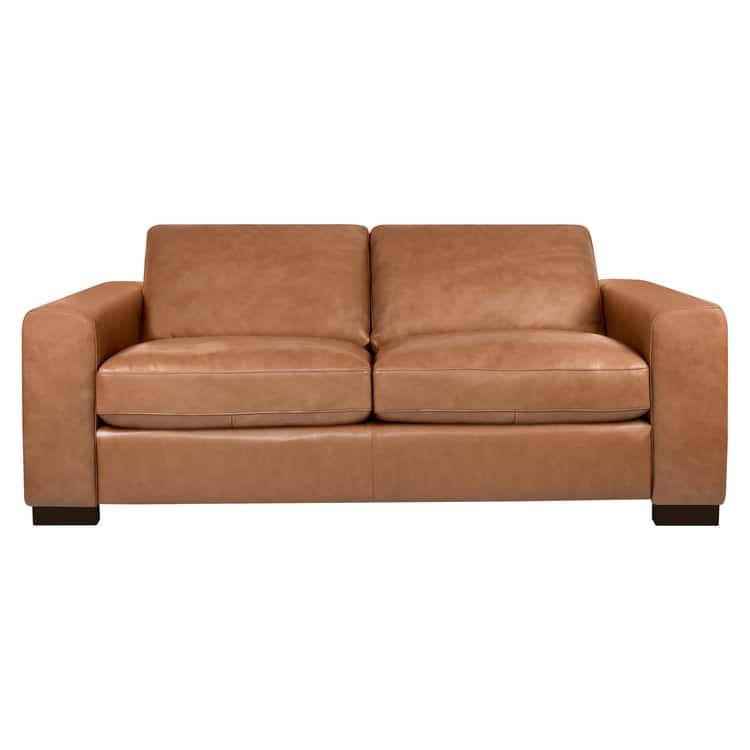 Genuine leather sofa & loveseat with feather cushions, square arms, sturdy & stylish.