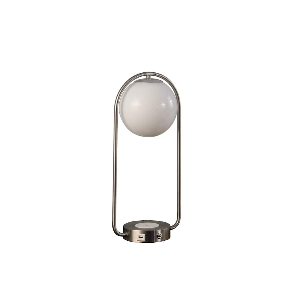 Silver Metal Globe Table Lamp with Glass Shade and USB Charging Port - 9” x 5.5” x 19.25” (D x W x H)