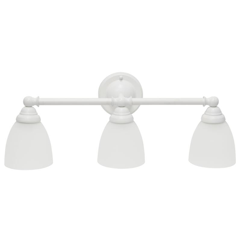 3 Light Vanity Fixture - Metal Bar & Frosted Glass Shades - Bathroom, Hallway, Entryway Lighting - White - 9.5