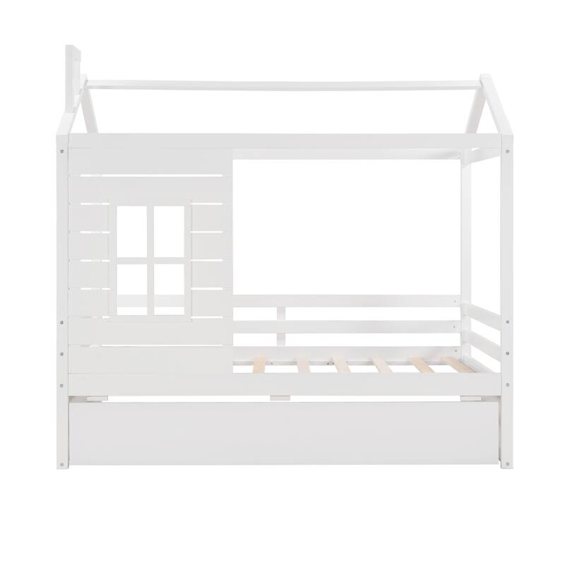 Pine Wood Twin House Bed with Pull-Out Trundle, Kid-Friendly Design and Guardrails