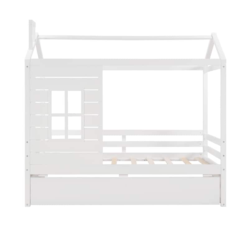 Twin House Bed with Twin Trundle, Wooden Bed for Kids with Guardrails, Playhouse Design, Easy Assembly