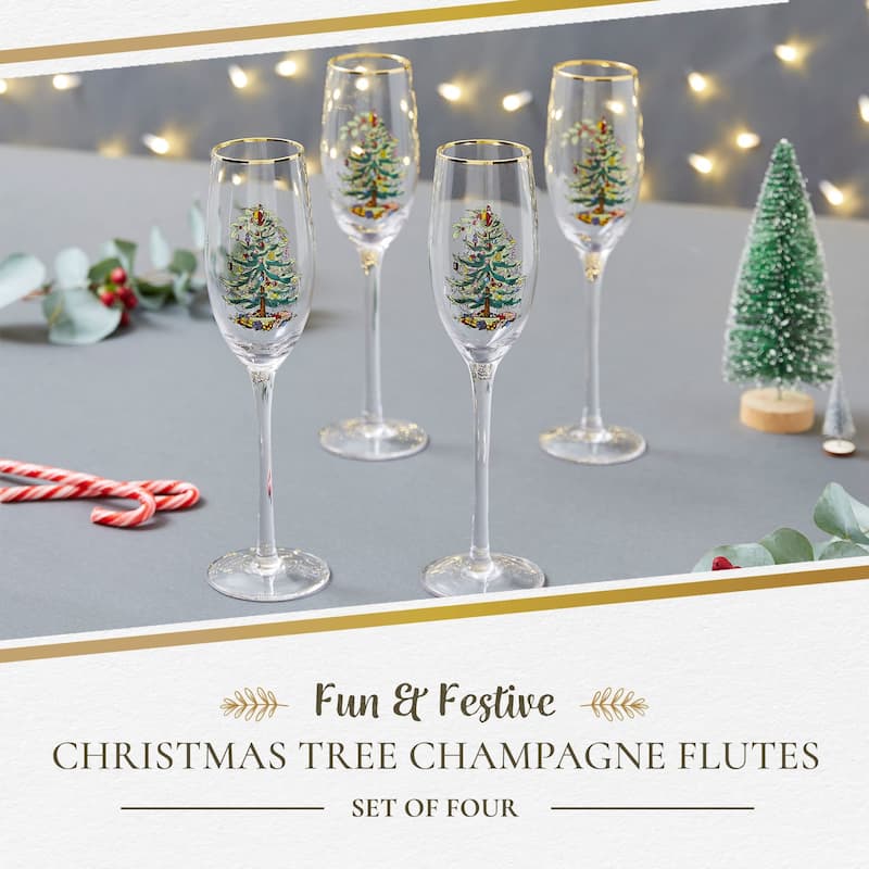 Spode Set of 4 Christmas Tree Champagne Flutes - 2.75" D x 10.25" H
