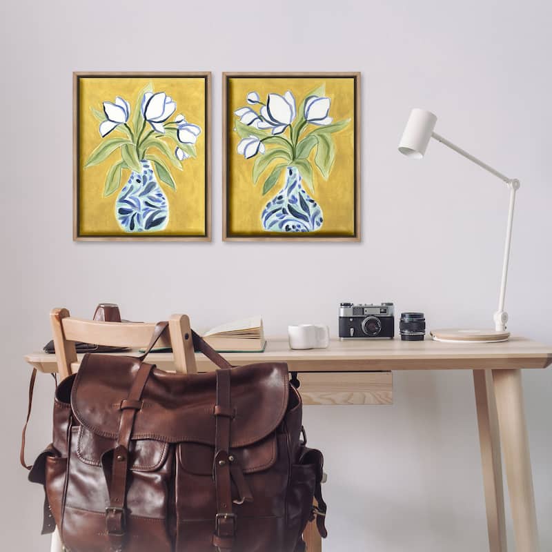Stupell Tulip Vases on Yellow Framed Floater Canvas Wall Art Design By June Erica Vess (Set of 2)