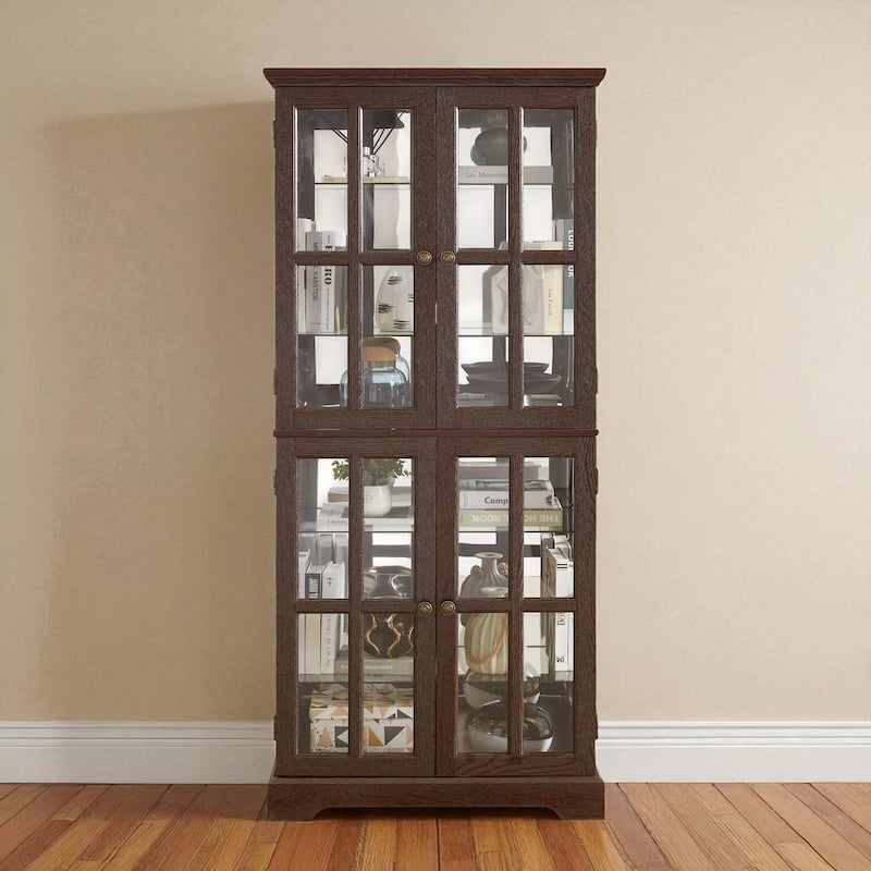 68.7" Antique Curio Display Cabinet with 4 Glass Doors, Adjustable Shelves & Built-in Light for Collectibles and Wine Storage - Cherry