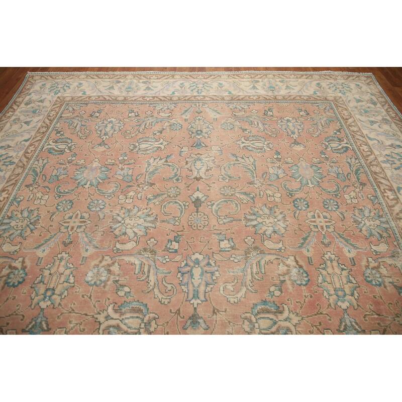 Hand Knotted Oriental 100% Wool Carpet Traditional All-Over Pink Tabriz Area Rug - 12' 4'' X 9' 2''