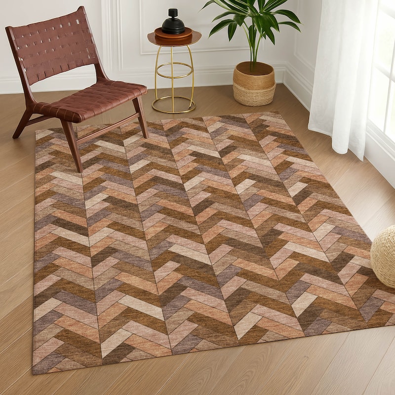 Machine Washable Indoor/ Outdoor Modern Chevron Chantille Rug