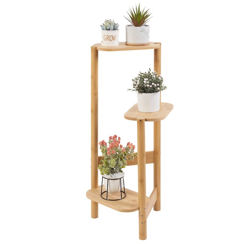3 Tiers Ladder Triple Plant Stand Corner Bamboo Plant Shelf Rack