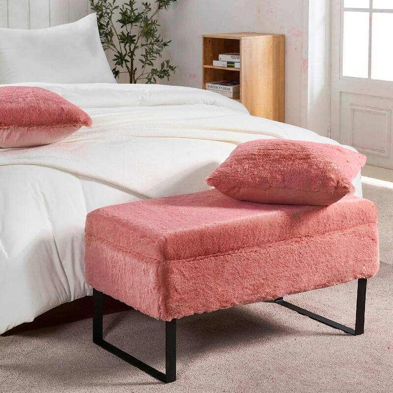Heavy FauxFur Storage Ottoman with 2 Pillow Set