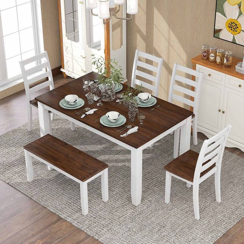 60" Farmhouse Rectangular Dining Table with 4 Upholstered Chairs and Bench