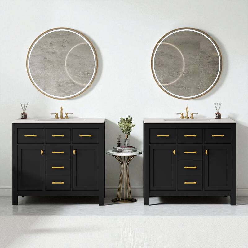 72" Bathroom Vanity with Ceramic Sink, Freestanding Double Cabinet with 8 Drawers, Solid Wood Frame & Storage - Black