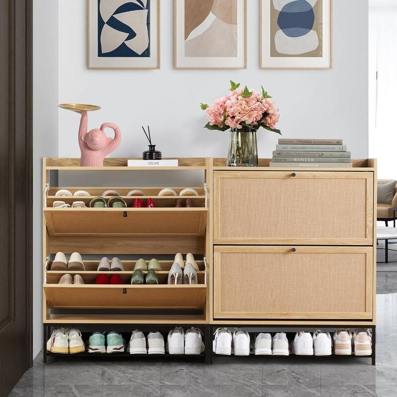 Entryway Shoe Storage Cabinet with 2 Flip Drawers Shoe Rack Shoe Organizer for Hallway Set of 2 - Dark Oak