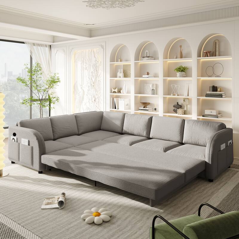 115" L-Shaped Sectional with Pull-Out Bed, USB Ports & Side Pockets, King Size Upholstered Bed
