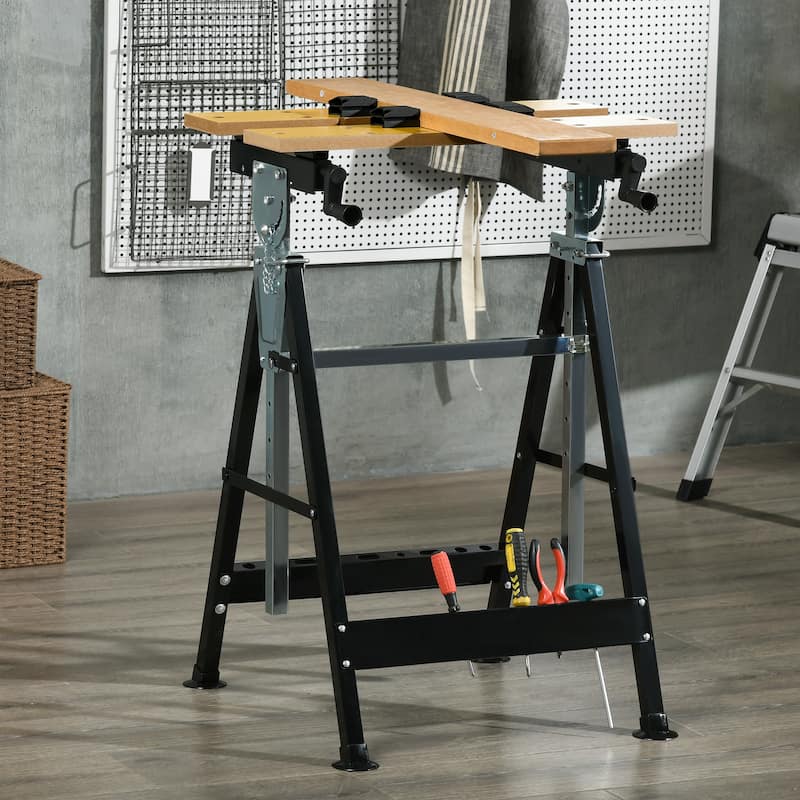 HOMCOM Work Bench Tool Stand with Adjustable Height and Angle, Carpenter Saw Table with 4 Clamps, Steel Frame, 220lbs Capacity - Nature Wood, Black