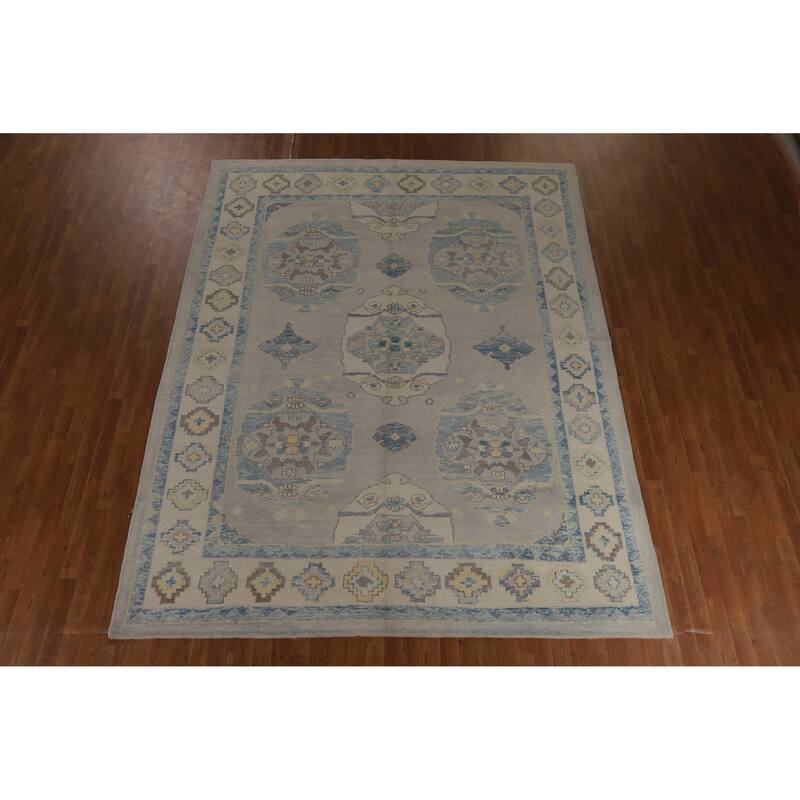Hand Knotted Oriental 100% Wool Carpet Transitional All-Over Beige & Ivories Oushak Area Rug - 10' 9'' X 8' 5''