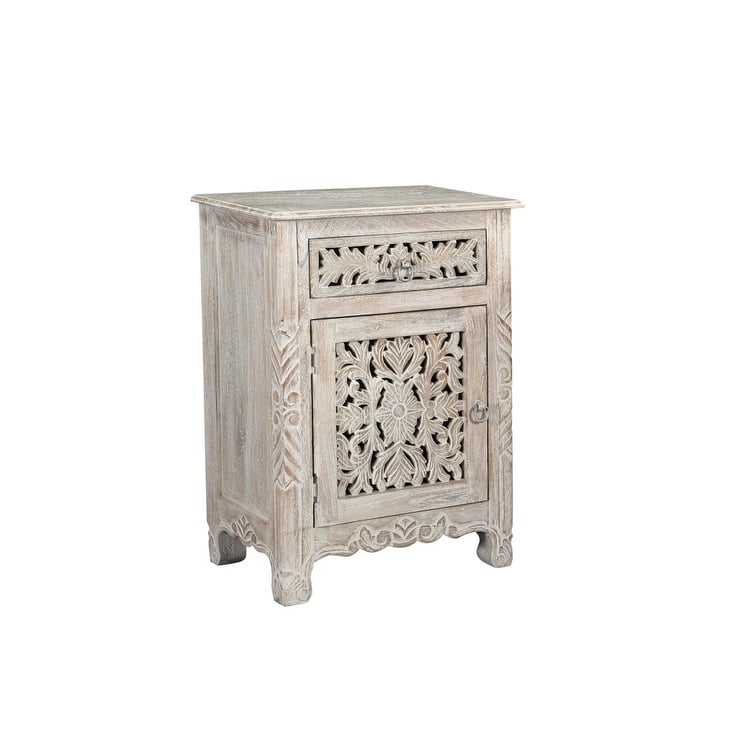 HomeRoots 30" Distressed White One Drawer Floral Carved Solid Wood Nightstand