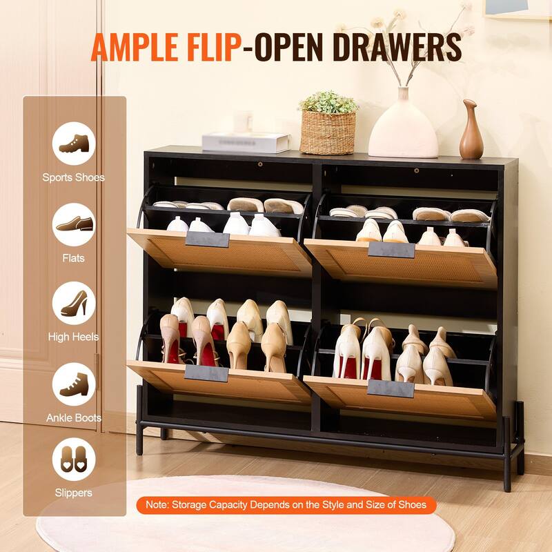 Slim Rattan Shoe Cabinet with Shelves and Drawers Wooden Entryway Organizer for Small Spaces - 40.94 x 9.45 x 34.65 inches