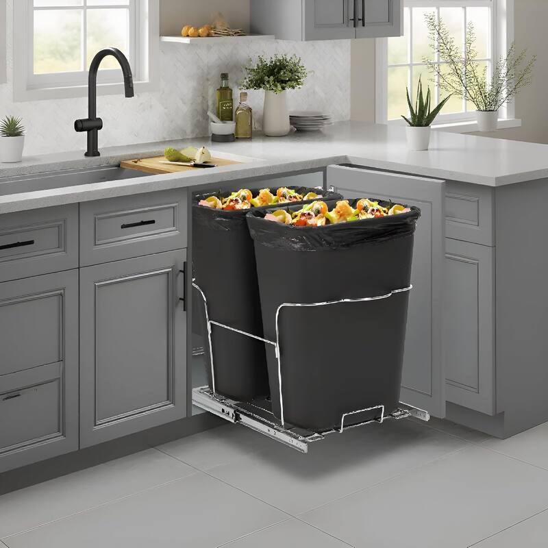 Double Black 2x35QT Pullout Trash Can, Handle Model - Fits Cabinets 16.10x24.8x29.84 inches（Contains two trash cans） - Black-Handle style