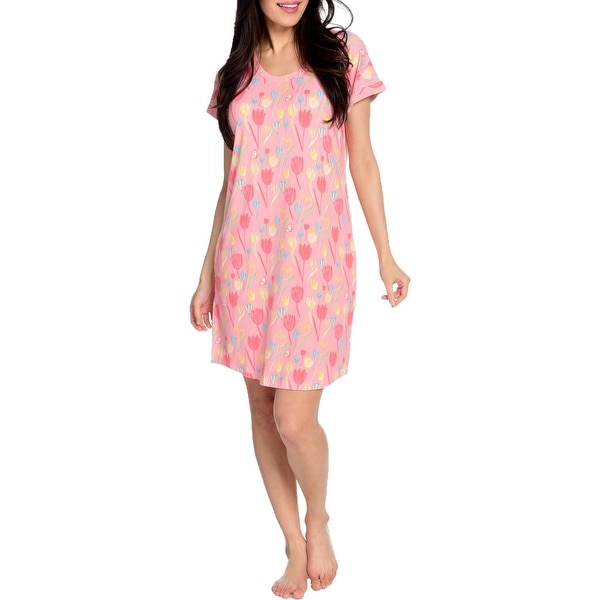 Munki Munki Women's Floral Print Short Dolman Sleeve Scoopneck Sleepwear Nightgown - Pink. Opens flyout.