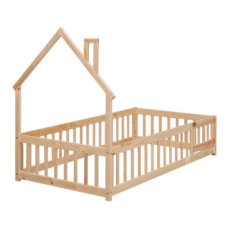 Natural Twin Size Pine House-Shaped Headboard Floor Bed with Fence