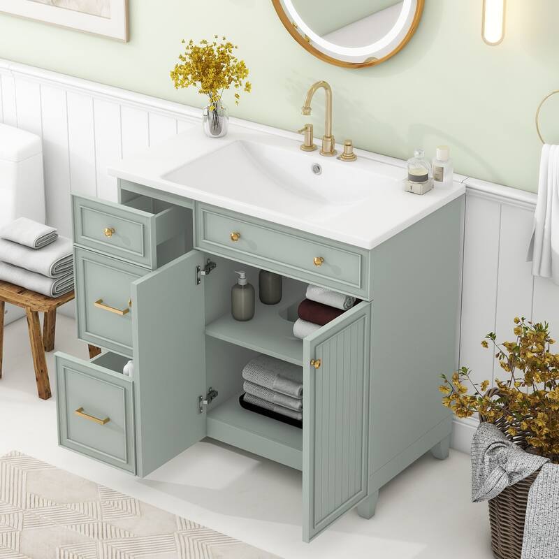 36-inch Bathroom Vanity with Rectangular Resin Sink, Modern Undermount Bathroom Sink Cabinet with 2 Drawers & Adjustable Shelf
