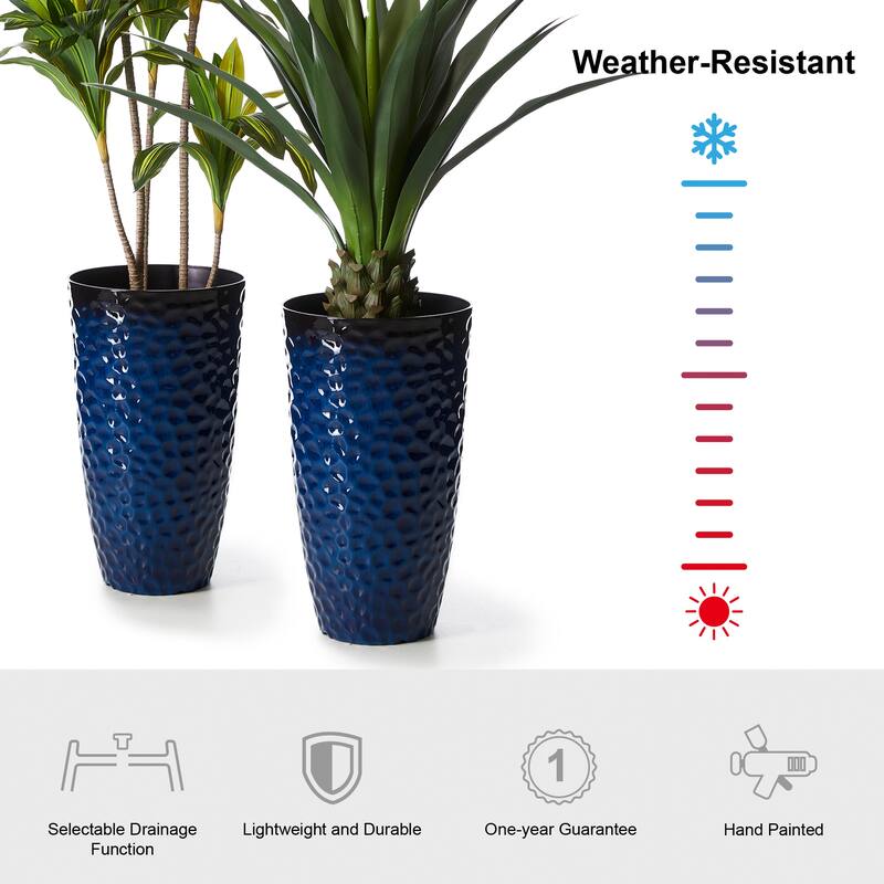 Glitzhome Set of 2 Oversized Tall Planter Honeycomb Textured Gradient Cobalt Blue Garden Plant Pots with Drainage Holes