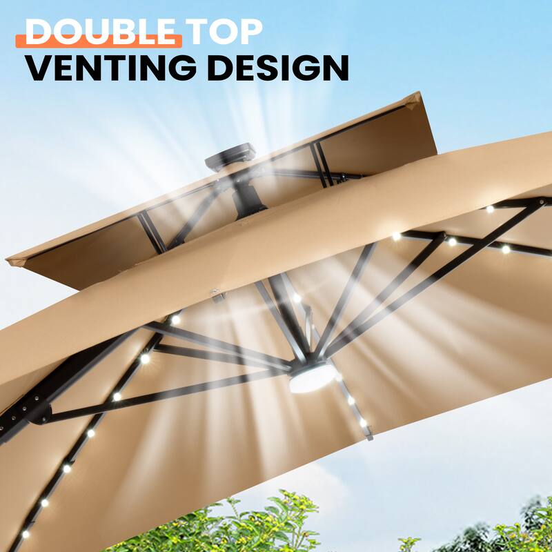 12 x 9 FT Outdoor Patio Cantilever Umbrella with Solar Lights Double Canopy 360 Rotation Tilt